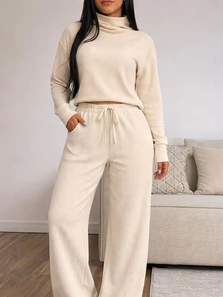 Conjunto Feminino Calça Pantalona e Blusa de Gola Alta Manga Longa Tecido Anarruga Moda Elegante