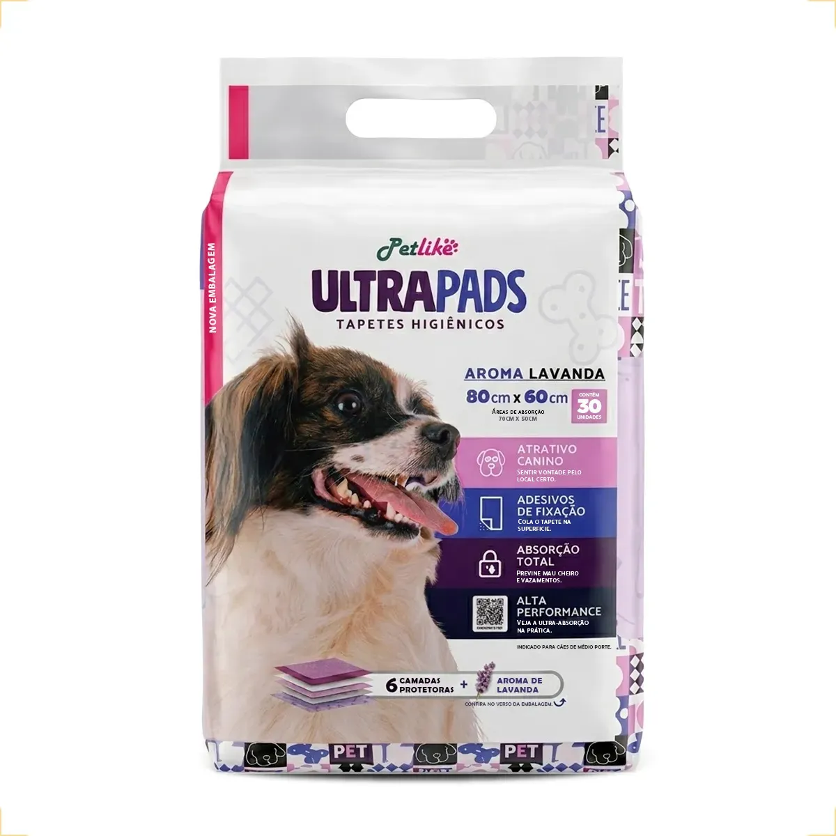 Petlike tapete higiênico para cães ultra pads lavanda 80cm x 60cm com 30 unidades