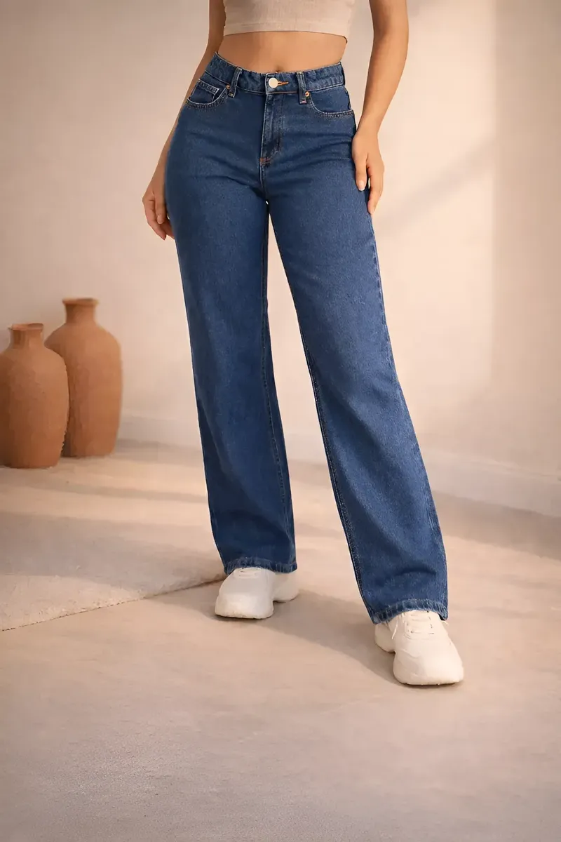 Calça Jeans Feminina Wide Leg Cintura Alta Pantalona
