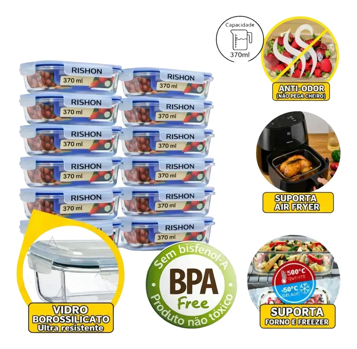 Kit 10 Pote De Vidro Marmita Hermético 370ml Freezer Fitness Rishon