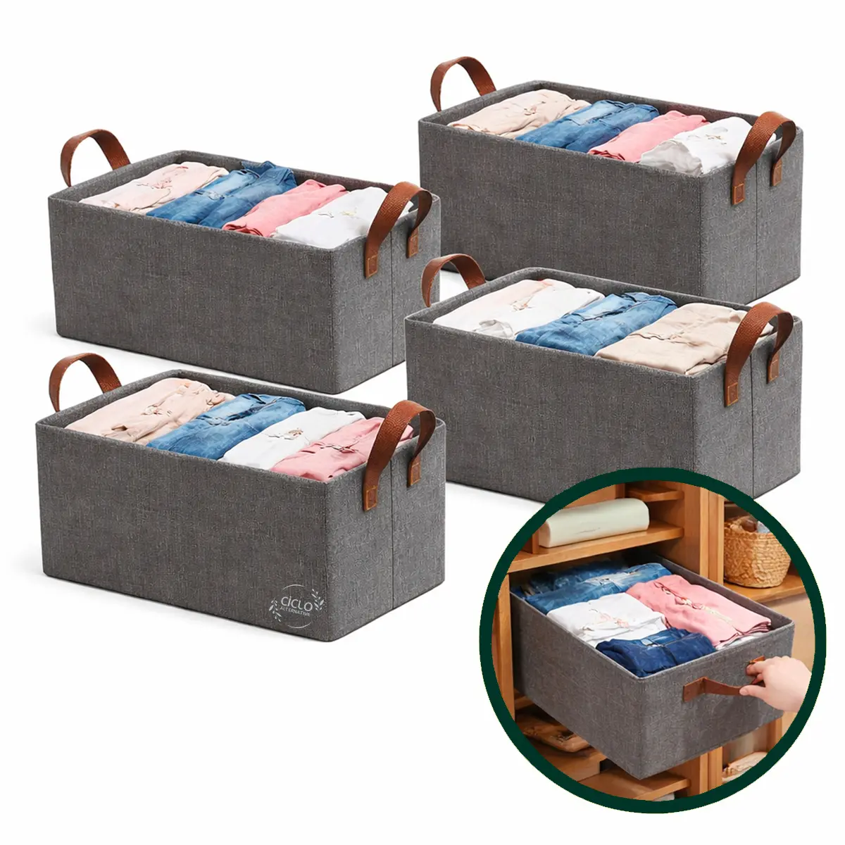 Kit 4 Caixas Cesto Organizadora Grande Dobrável Guarda Roupa Gaveta Mesas Banheiro Cor Cinza